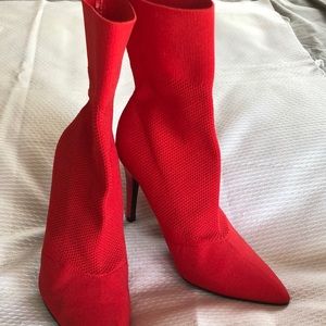 Red fabric/mesh 4” heeled boots size 7.5.